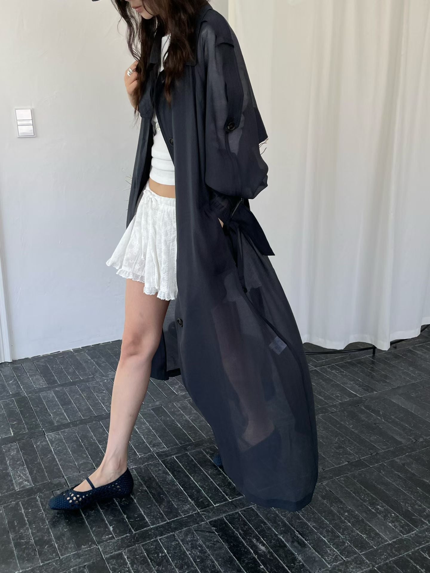 ( LIGHT GREY / CHARCOAL ) PREMIUM SHEER CHIFFON TRENCH COAT ( PRE ORDER )