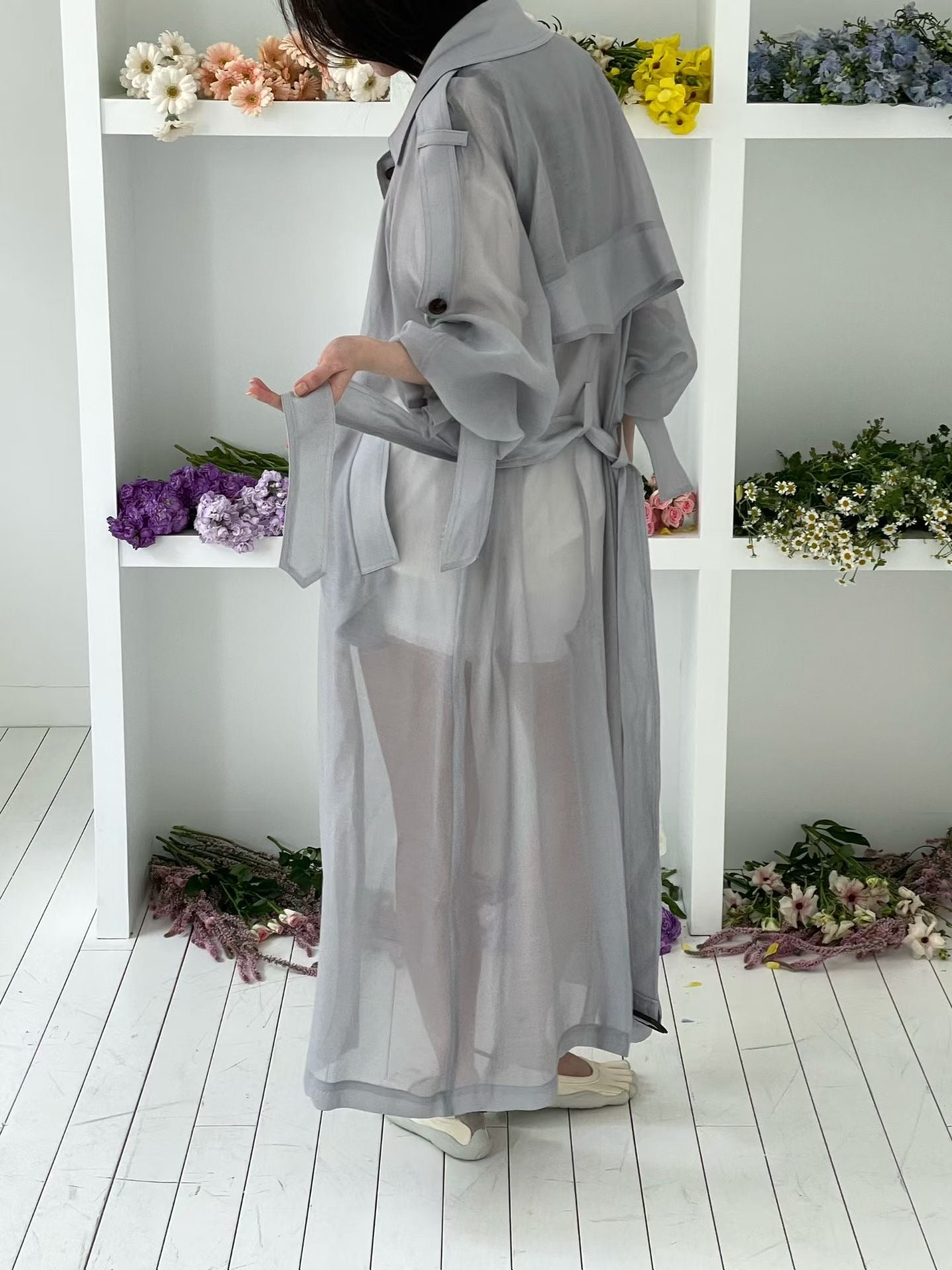 ( LIGHT GREY / CHARCOAL ) PREMIUM SHEER CHIFFON TRENCH COAT *LAST ONE*