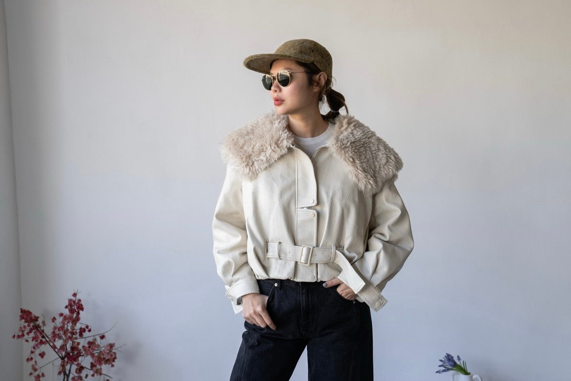 IVORY FAUX LEATHER BELTED DOWM JACKET *LAST 2*