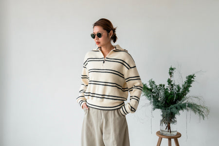 ( CREAM / GREY ) STRIPED  ZIP UP FLEECE  JUMPER 🌟BEST BUY🌟