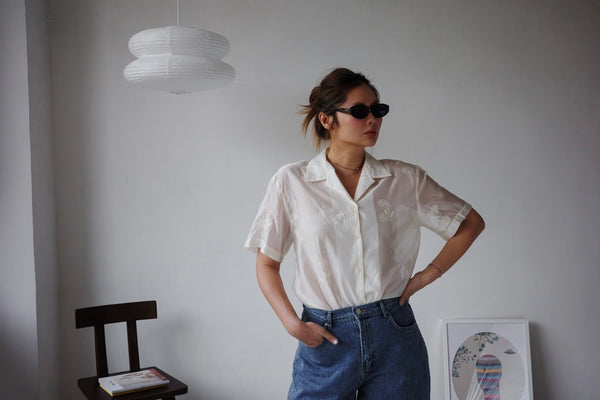 BEIGE EMBROIDERY SILKY BLOUSE