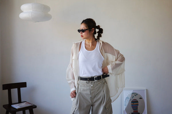 BEIGE OVERSIZED SHEER CHIFFON POCKET SHRIT
