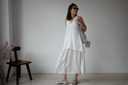 WHITE LACE TRIMMED V NECK DRESS