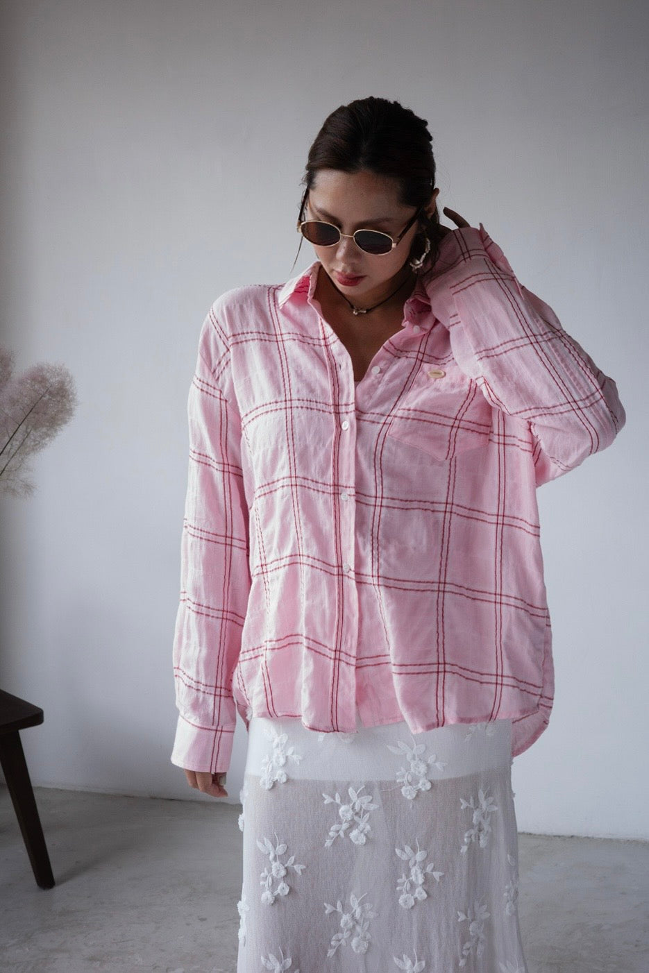 ( PINK / BLUE ) CHECKERED WASHED COTTON SHIRT