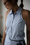 ( WHITE / BLUE STRIPE ) COLLARED HALTER SHIRT VEST WITH WRAP SET