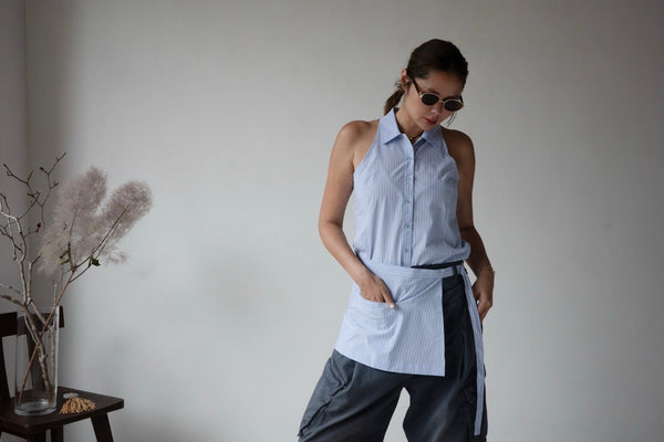 ( WHITE / BLUE STRIPE ) COLLARED HALTER SHIRT VEST WITH WRAP SET