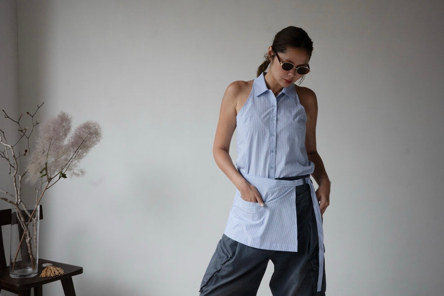 ( WHITE / BLUE STRIPE ) COLLARED HALTER SHIRT VEST WITH WRAP SET *LAST ONE*