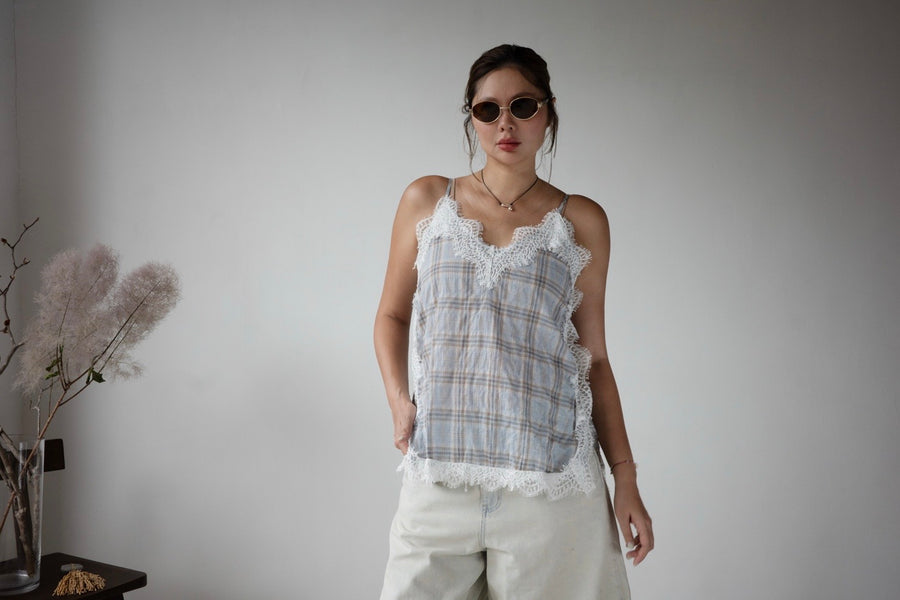 BLUE CHECKERED LACE TRIMMED CAMI ⭐️BEST BUY⭐️ *LAST 2*