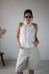 ( WHITE / BLUE STRIPE ) COLLARED HALTER SHIRT VEST WITH WRAP SET *LAST ONE*