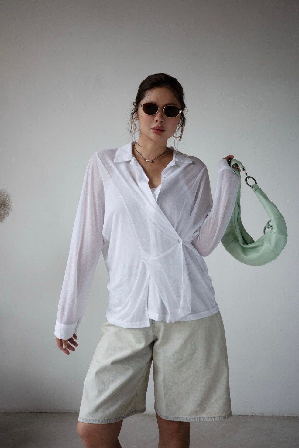 ( WHITE / CHARCOAL ) CHIFFON SLIT BLOUSE ⭐️BEST BUY⭐️ *LAST ONE*