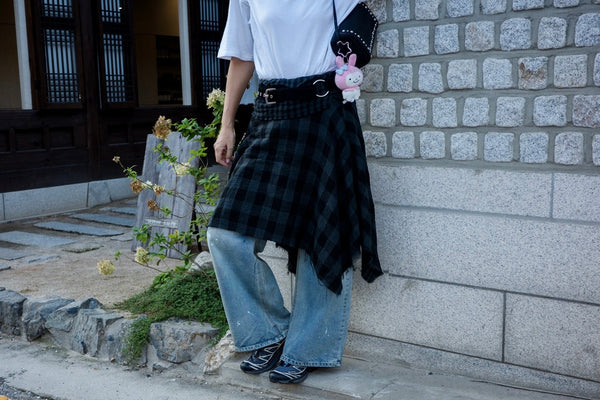 ( BLACK / RED )CHECKERED IRREGULAR MIDI SKIRT