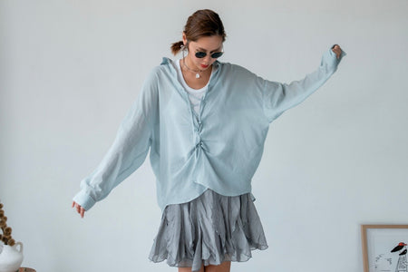 ( POWDER BLUE / CHARCOAL ) LACE UP SOFT COTTON SHIRT ⭐️BEST BUY⭐️