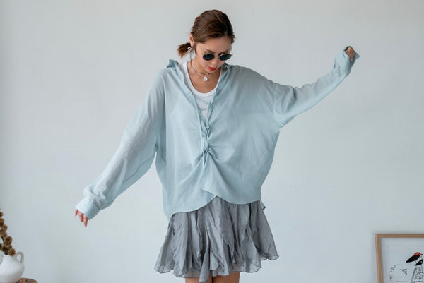 ( POWDER BLUE / CHARCOAL ) LACE UP SOFT COTTON SHIRT ⭐️BEST BUY⭐️