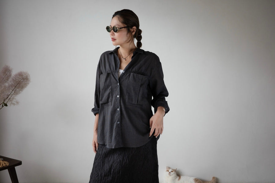 ( LEMON / CHARCOAL ) LIGHTWEIGHT POCKET GATHERED SHIRT *LAST ONE*