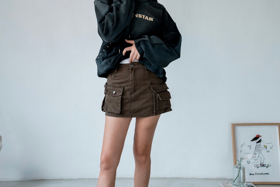 ( BROWN / BLACK ) DEMIN POCKET SKIRT SHORTS