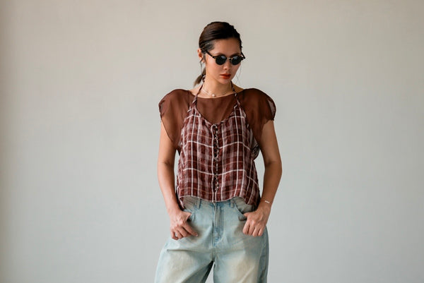 ( BROWN / IVORY ) CHIFFON CHECKERED SET 🌟