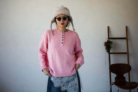 ( BABY PINK / GREY ) HENLEY NECK WOOL SWEATER ⭐️BEST BUY⭐️ *LAST 3*