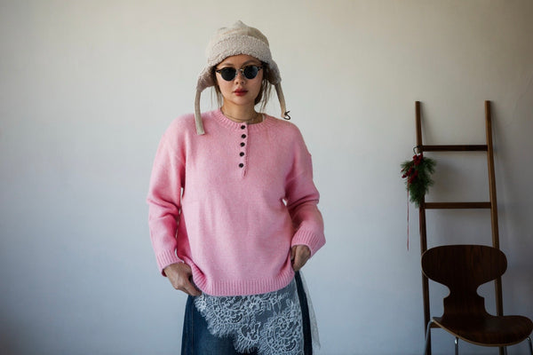 ( BABY PINK / GREY ) HENLEY NECK WOOL SWEATER ⭐️BEST BUY⭐️ *LAST 3*