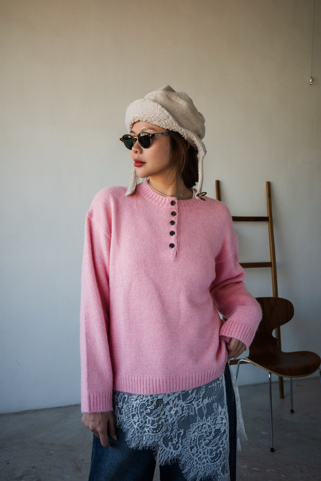 ( BABY PINK / GREY ) HENLEY NECK WOOL SWEATER ⭐️BEST BUY⭐️ *LAST 3*