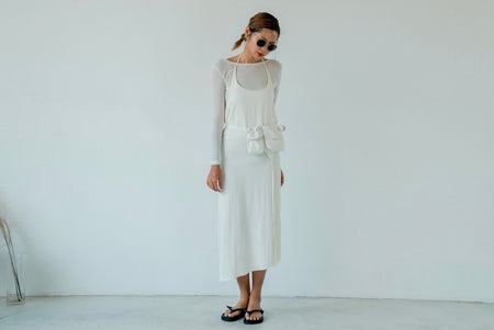 ( IVORY / BLACK ) TIE UP RAYON DRESS WITH BELT BAG 🌟BEST BUY🌟