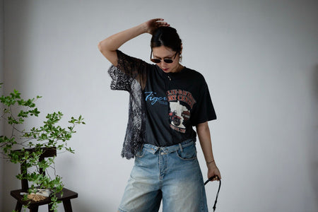 WAHSED GREY LACE TRIMMED REMAKE VINTAGE TEE
