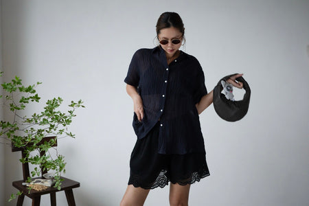 ( NAVY / PINK ) WRINKLED LINEN COTTON SHIRT