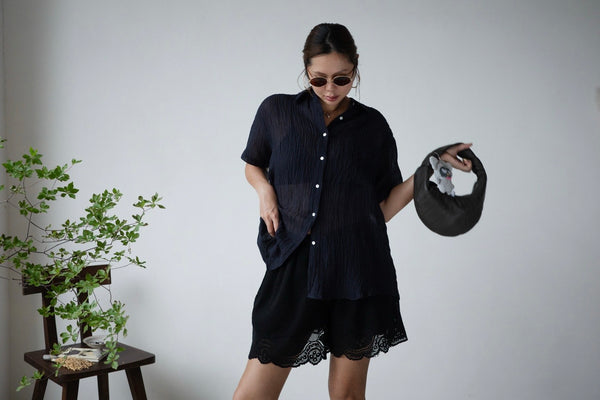 ( NAVY / PINK ) WRINKLED LINEN COTTON SHIRT