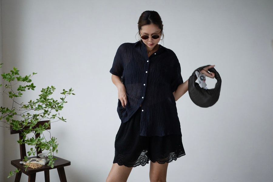 ( NAVY / PINK ) WRINKLED LINEN COTTON SHIRT