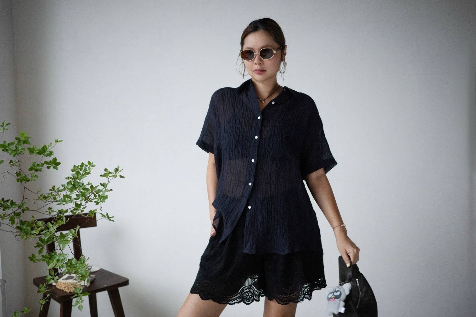 ( NAVY / PINK ) WRINKLED LINEN COTTON SHIRT