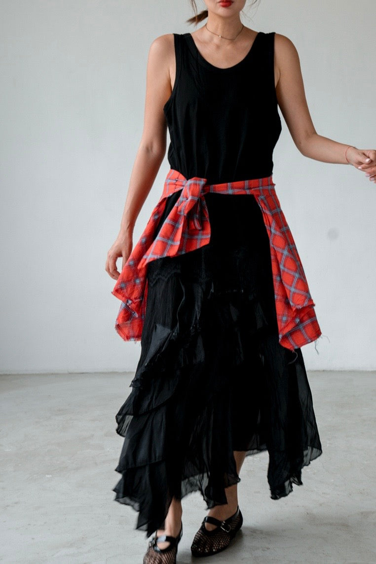 ( BLACK / WHITE ) WRINKLE RUFFLED CHIFFON MAXI SKIRT  🌟 BEST BUY🌟