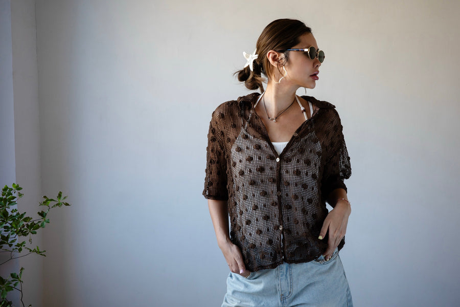( WHITE / BROWN ) SHEER MESH POLKA DOT COVER UP *LAST 2*