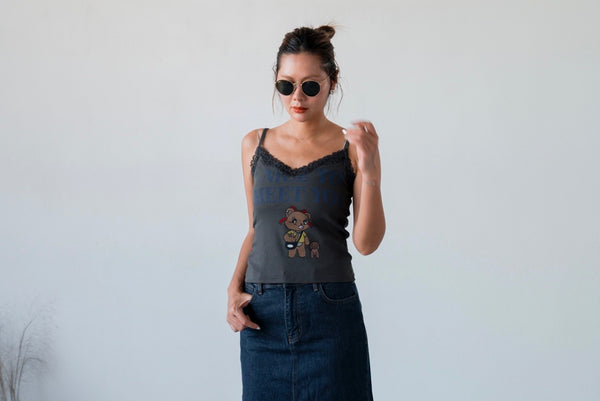 CHARCOAL LACE TRIMMED BEAR CAMI *LAST ONE*