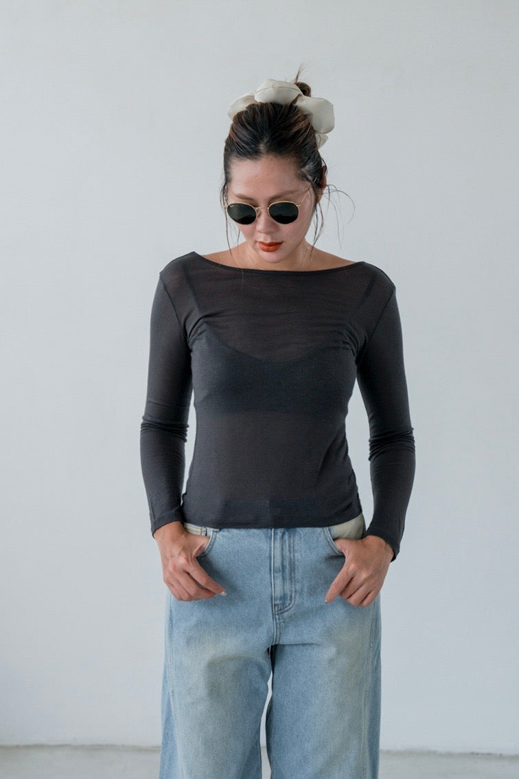 ( 4 COLOURS ) SEMI SHEER  LOW SCOOP LONG SLEEVE *LAST 2*