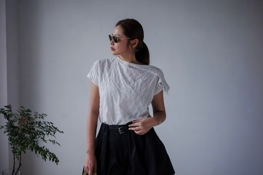 CHECKERED WASHED COTTON SHOULDER TOP *LAST 2*