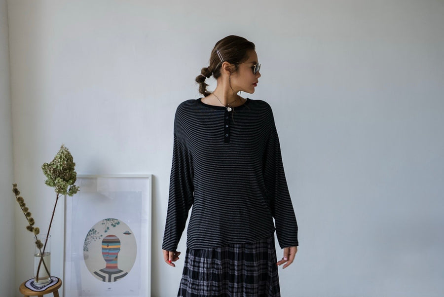 ( BLACK / WHITE / GREY ) EXTRA SOFT STRIPED HENLEY LONG SLEEVE