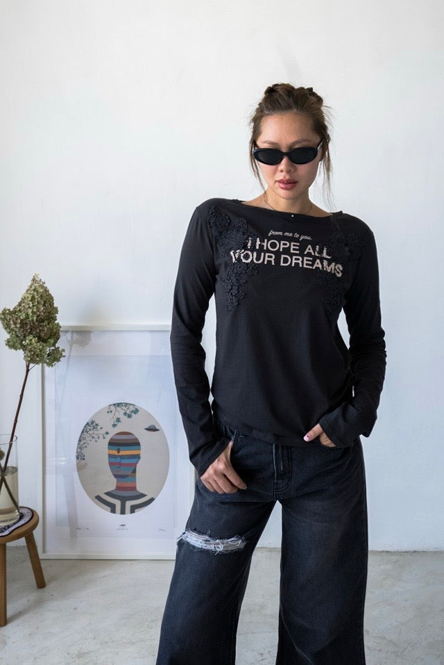 ( CHARCOAL / PURPLE ) FLOWER SLOGAN LONG SLEEVE *LAST 2*