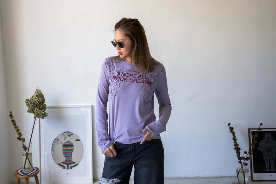 ( CHARCOAL / PURPLE ) FLOWER SLOGAN LONG SLEEVE *LAST 2*
