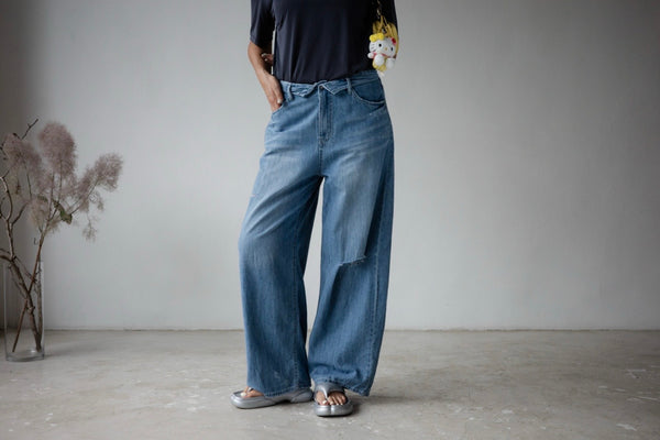 MEDIUM WASH BLUE ROLLED WAISTBAND SOFT DENIM