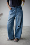 MEDIUM WASH BLUE ROLLED WAISTBAND SOFT DENIM