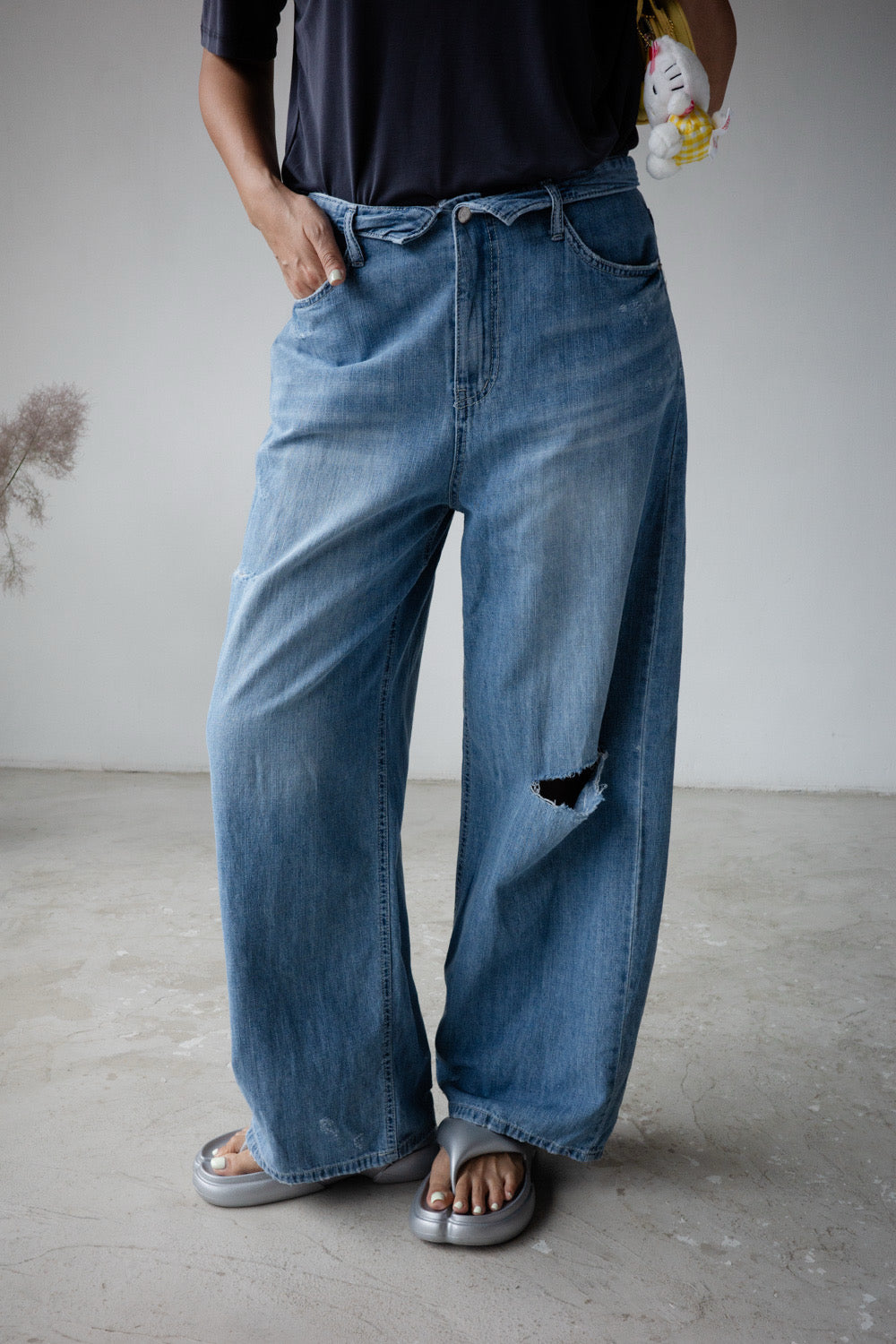 MEDIUM WASH BLUE ROLLED WAISTBAND SOFT DENIM