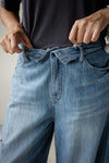 MEDIUM WASH BLUE ROLLED WAISTBAND SOFT DENIM
