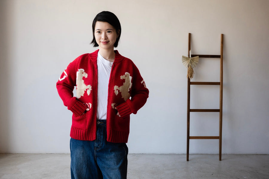 (  RED / NAVY ) RETRO HORSE WOOL CARDIGAN￼
