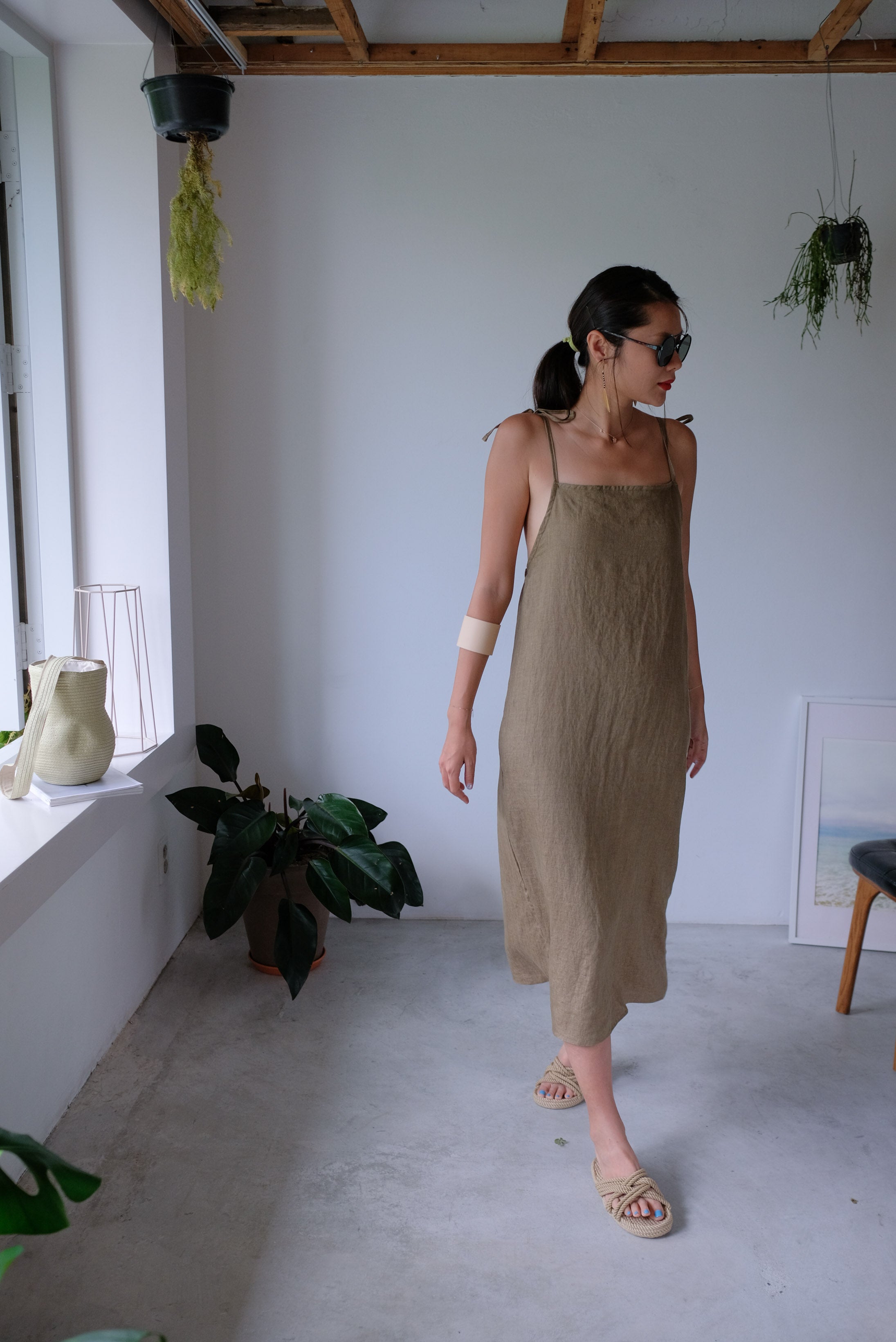 Taupe Tie Up Linen Low Back Apron Dress KARNANA FASHION ONLINE STORE Taupe Tie Up Linen Low Back Apron Dress KARNANA FASHION ONLINE STORE