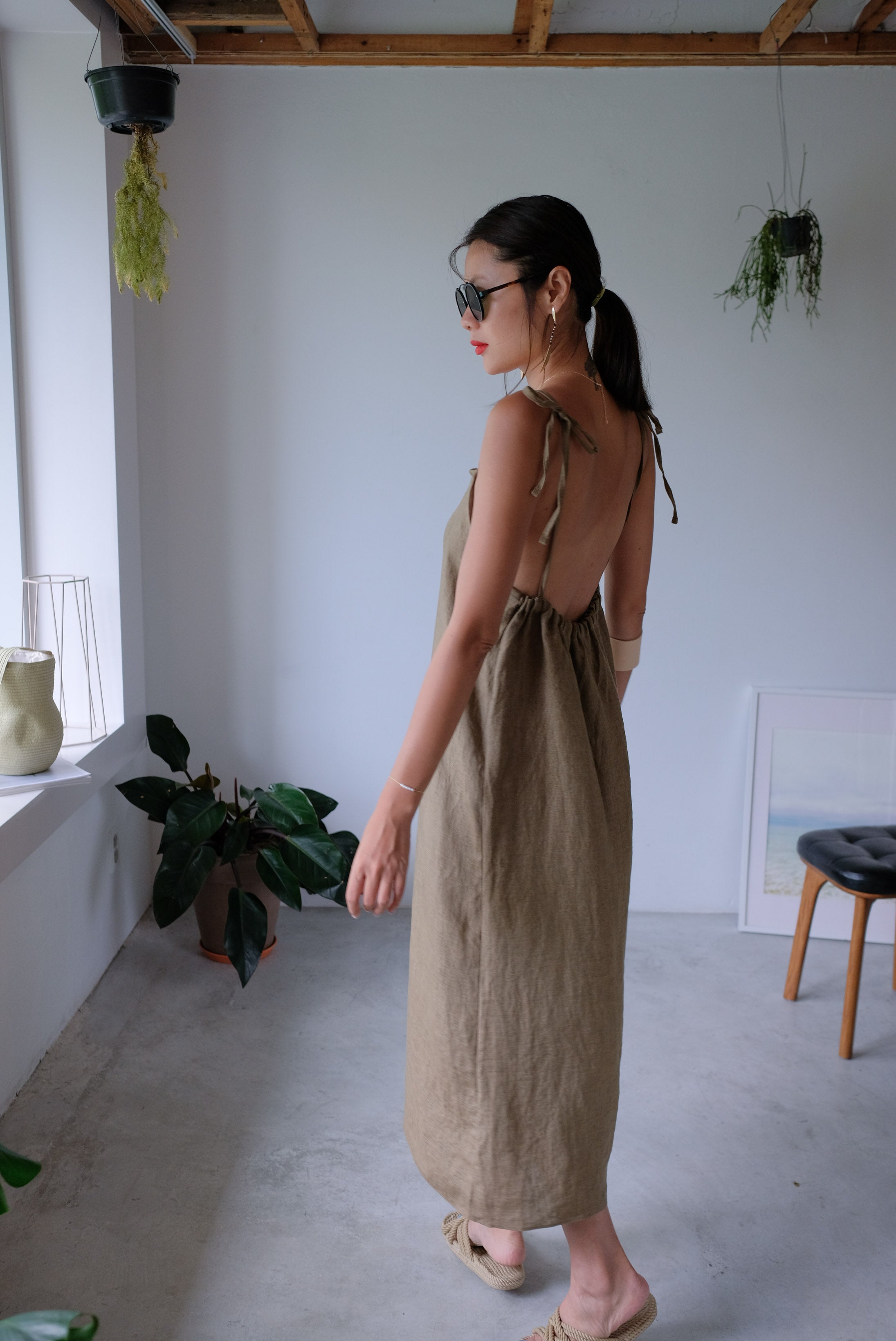 Taupe Tie Up Linen Low Back Apron Dress KARNANA FASHION ONLINE STORE Taupe Tie Up Linen Low Back Apron Dress KARNANA FASHION ONLINE STORE